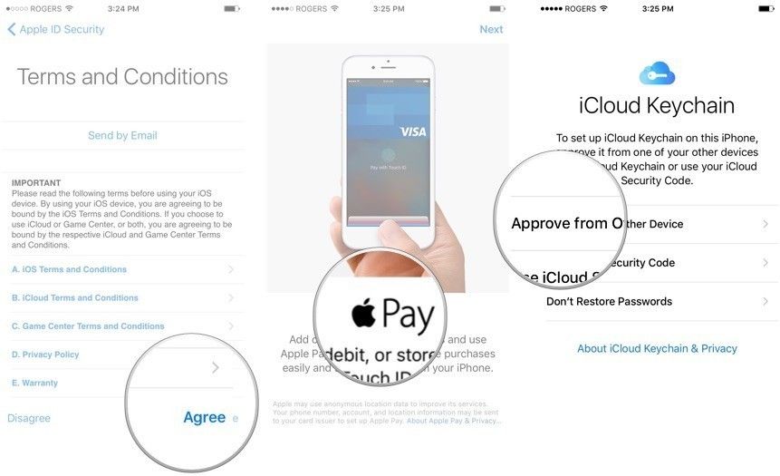 Согласитесь с условиями, настройте Apple Pay, затем настройте iCloud Keychain