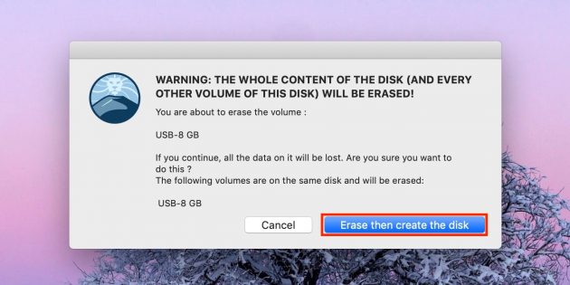 Как сделать загрузочную флешку с macOS: нажмите кнопку Erase the create the disk