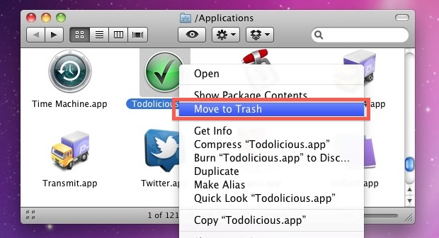 Uninstall a Mac Application by putting in Trash