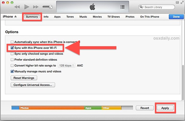 Enable Wi-FI Syncing in iTunes to sync and add music wirelessly