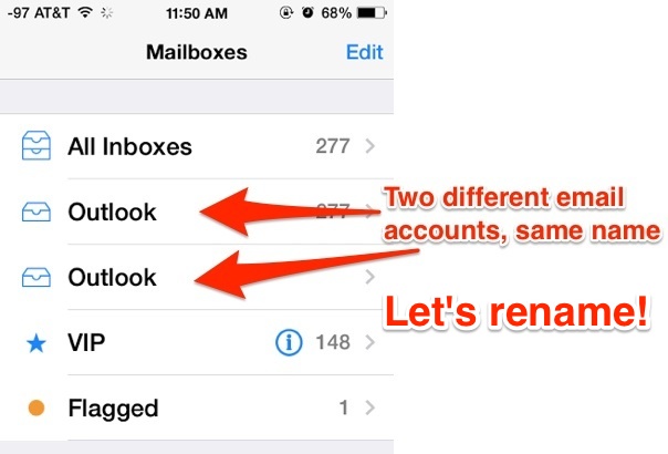 Different Mail accounts with the same name, rename the email accounts in iOS