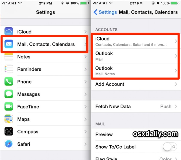 Select a Mail account to rename in iOS
