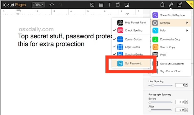 Set Password on Pages document in iCloud