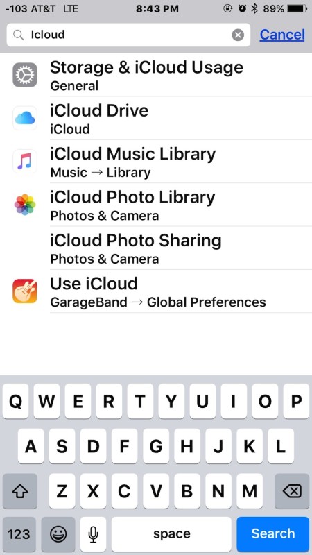 Example of searching in Settings in iOS, and settings search results showing where preference options are available