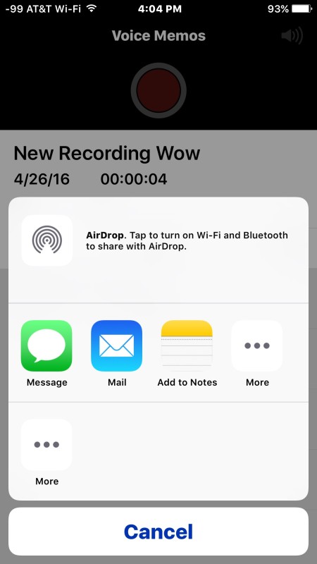 Share voice audio recording through messages or email