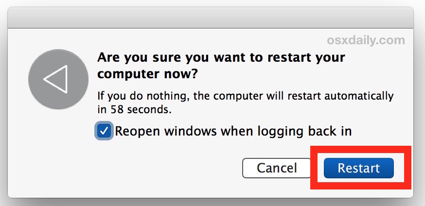 Restart the Mac and reopen windows on reboot