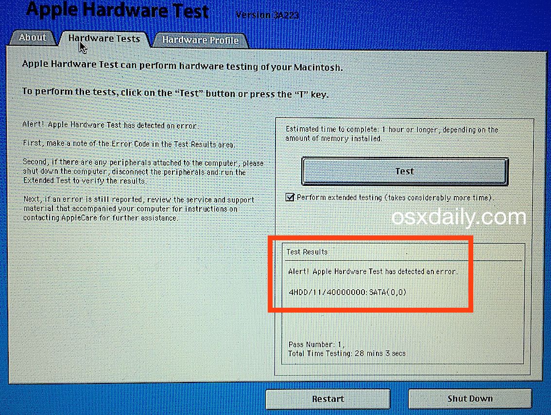 Apple Hardware Test results error 4HDD