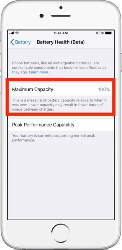 Check maximum battery capacity on iPhone