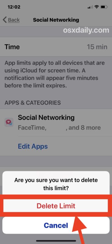 Confirm to delete the Screen Time limit set in iOS