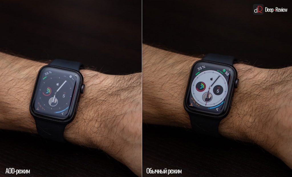 Сравнение обычного экрана и постоянно работающего на Apple Watch 5