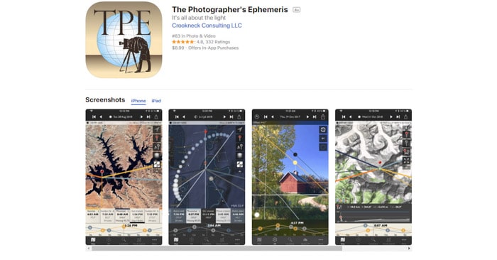 screenshot of the Photographers Ephemeris photography app