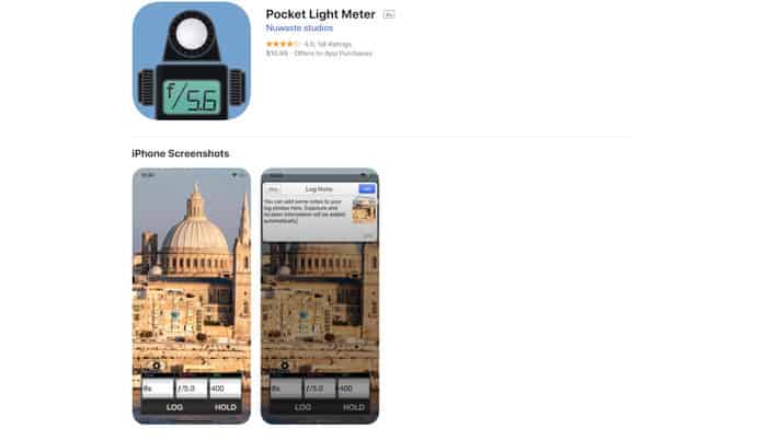 A screenshot of the Pocket light meter homepage