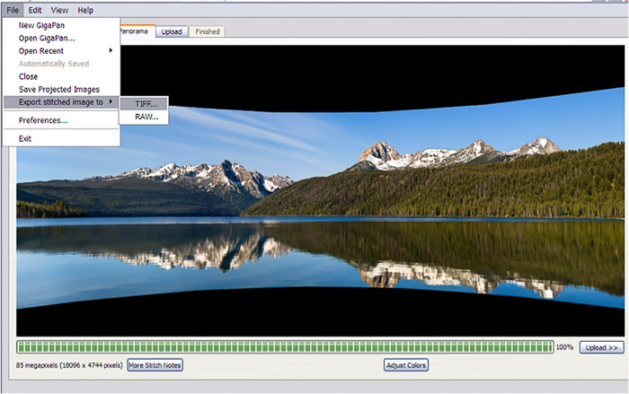 A screenshot of exporting a panorama from GigaPan Stitch