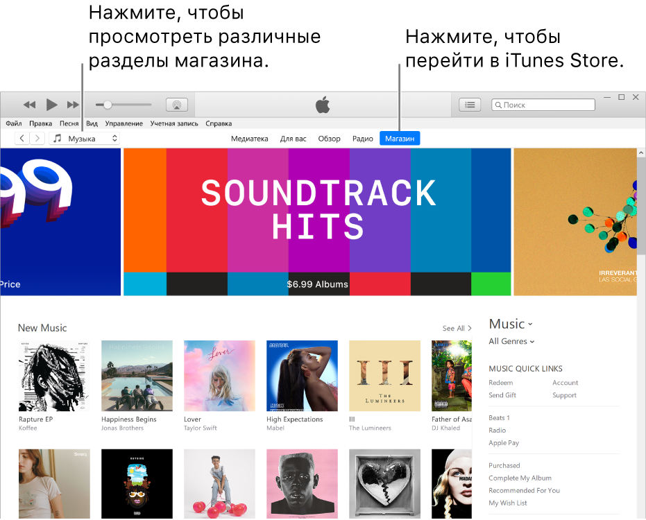 Главное окно iTunes Store. В панели навигации выделена надпись «Магазин». В левом верхнем углу можно выбрать разные типы просматриваемого в магазине контента (например, музыку или телешоу).