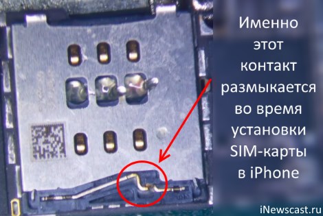 Контакт цепи датчика вставленной в iPhone сим-карты 