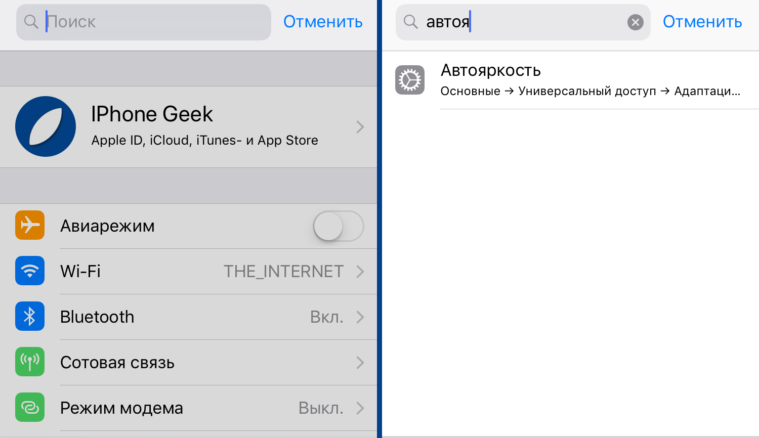 Поиск автояркости в настройках iOS 11 на iPhone 6s