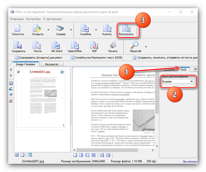 Начать распознавание документа для оцифровки текста в RiDoc