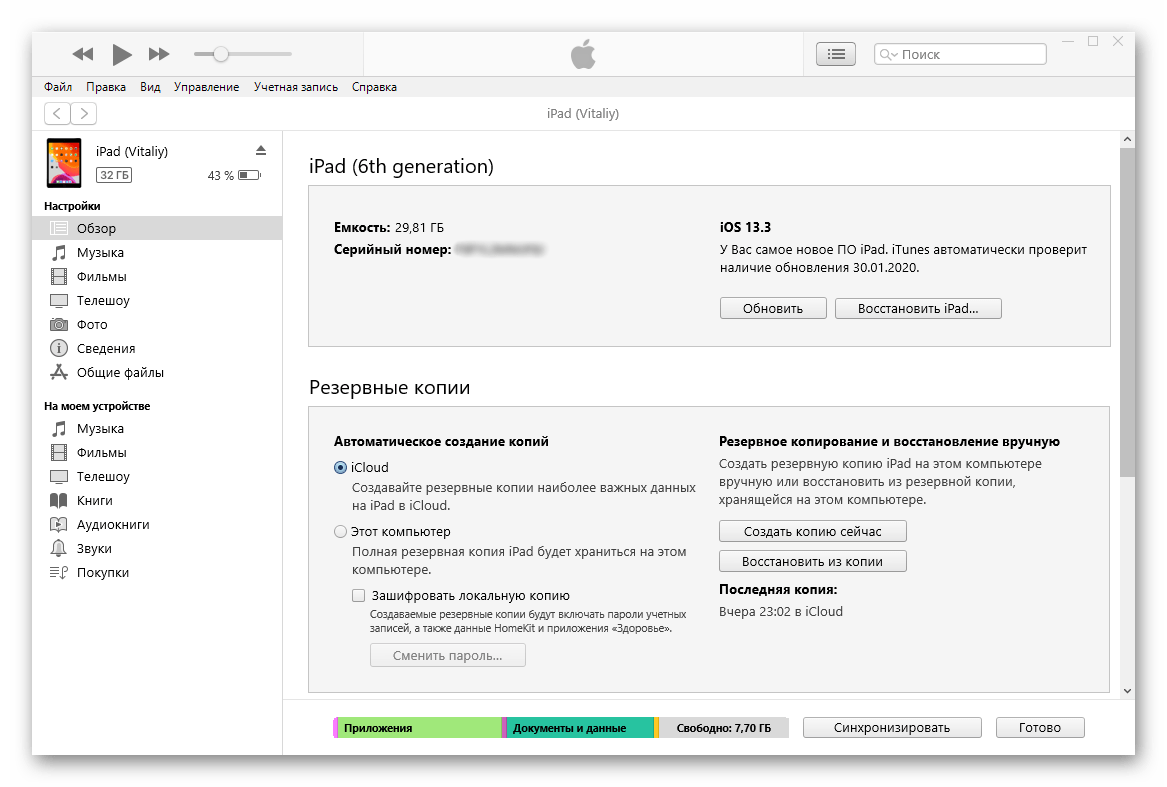 Управление iPad, подключенному к компьютеру через программу iTunes
