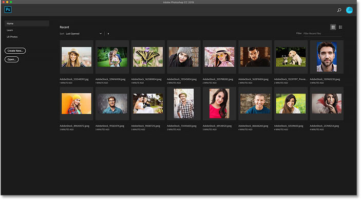 The Home Screen in Photoshop CC showing thumbnails of recent files.