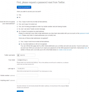 Отправка запроса на восстановление аккаунта в твиттере