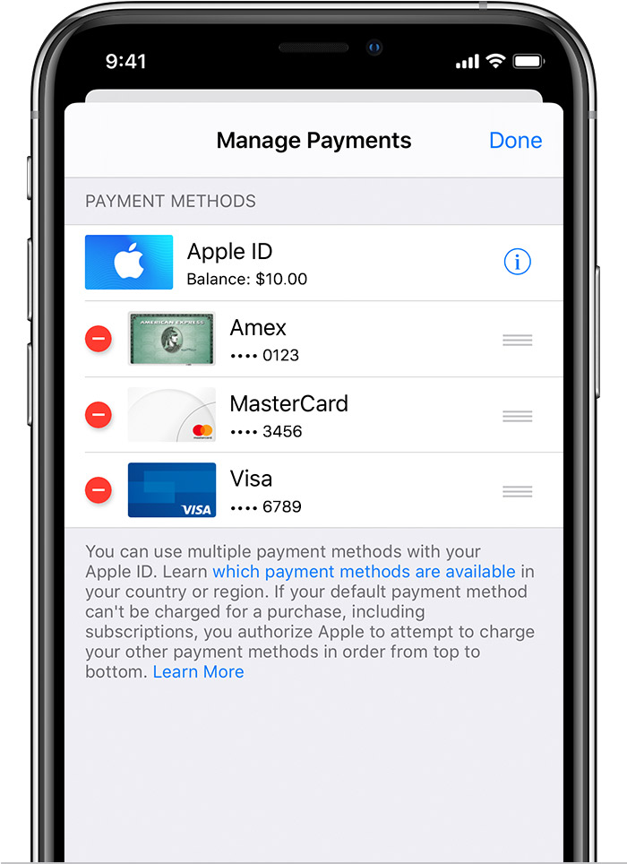 iPhone showing the Manage Payments screen with the remove button next to the credit cards.