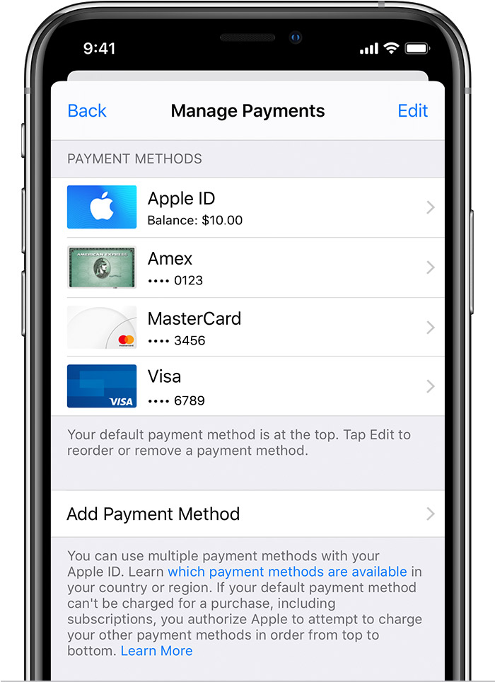iPhone showing the Manage Payments screen with three credit cards listed.
