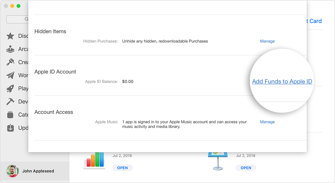 The Account Information page showing the Add Funds to Apple ID option.