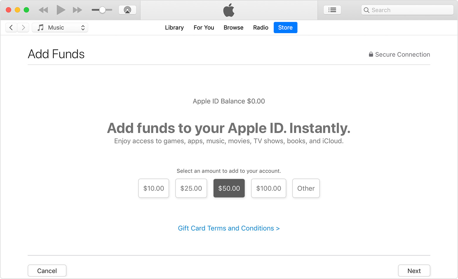 An iTunes Store window open to the "Add funds to your Apple ID" screen.
