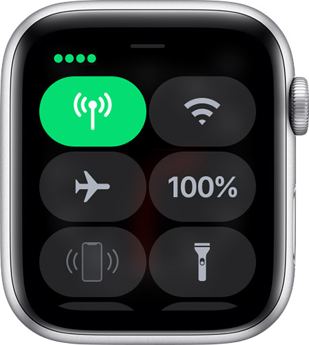 Control Center on Apple Watch showing 4 green dots.