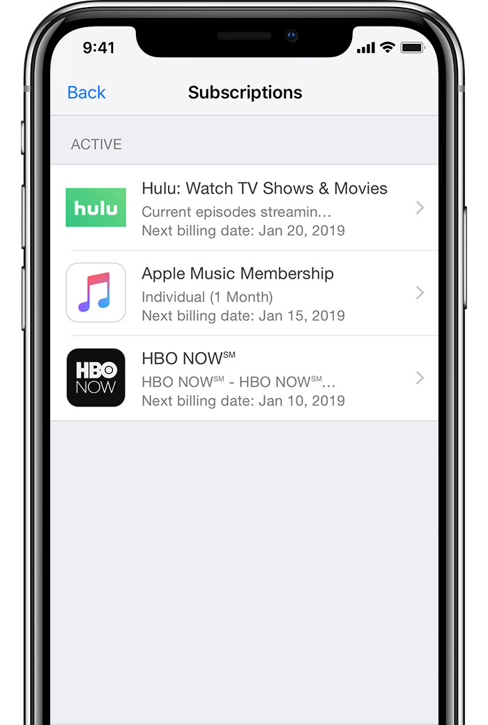 An iPhone X showing Subscriptions to HBO NOW, Apple Music, and Hulu.