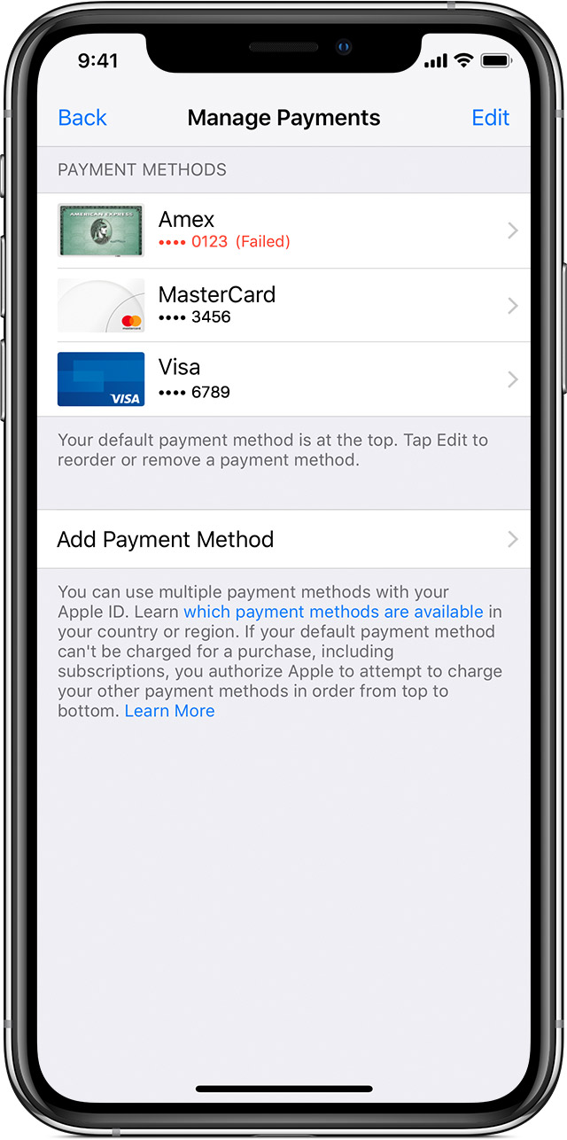 iPhone showing Manage Payments page with multiple payment methods. One credit card in the list has a message that says Failed.