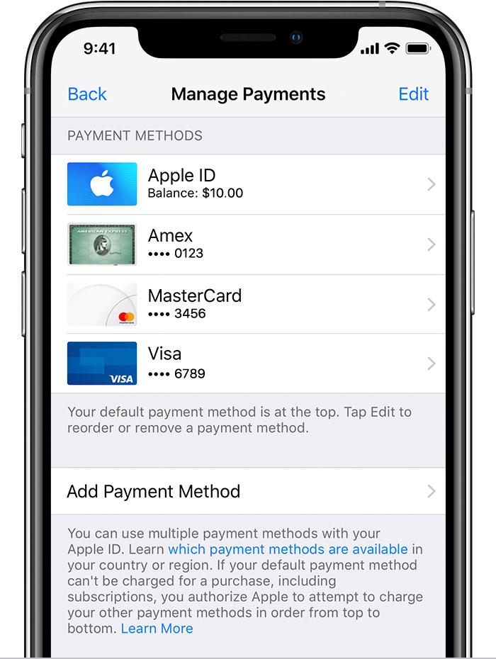 iPhone showing a list of payment methods.