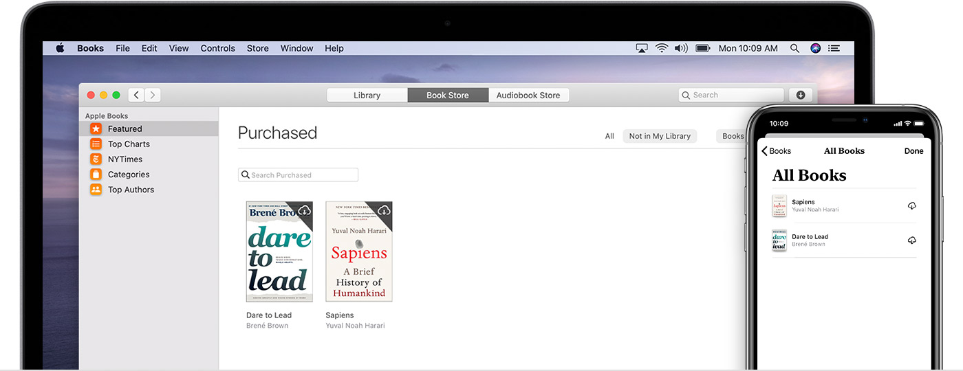 iPhone and Mac showing purchased books that can be redownloaded, including Dare to Lead.