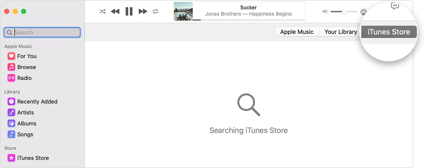 The Apple Music app on a Mac showing the iTunes Store button below the volume controls, next to the Your Library button.