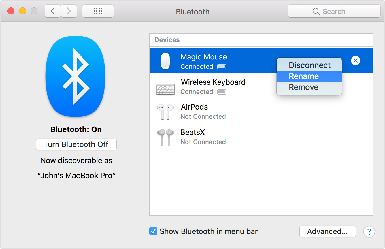 Clicking rename on a bluetooth device in the bluetooth pane of System Preferences