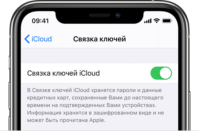 Включенная служба «Связка ключей iCloud» на iPhone