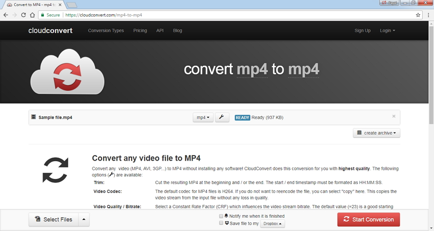 уменьшить размер видео файла с помощью Cloud Convert