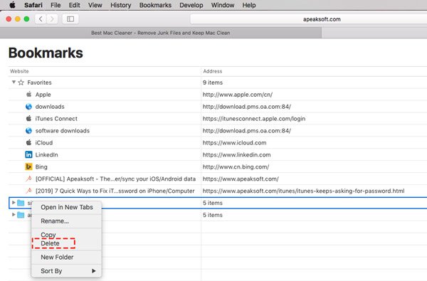 Удалить папки закладок Safari на Mac