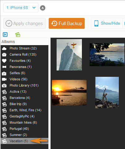 select iphone photo album with copytrans photo
