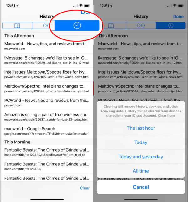 Очистить большие периоды истории на iPad